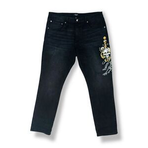 Ed Hardy Men's Slim Tapered Jeans Black Skull Dagger Embroidered Size 38